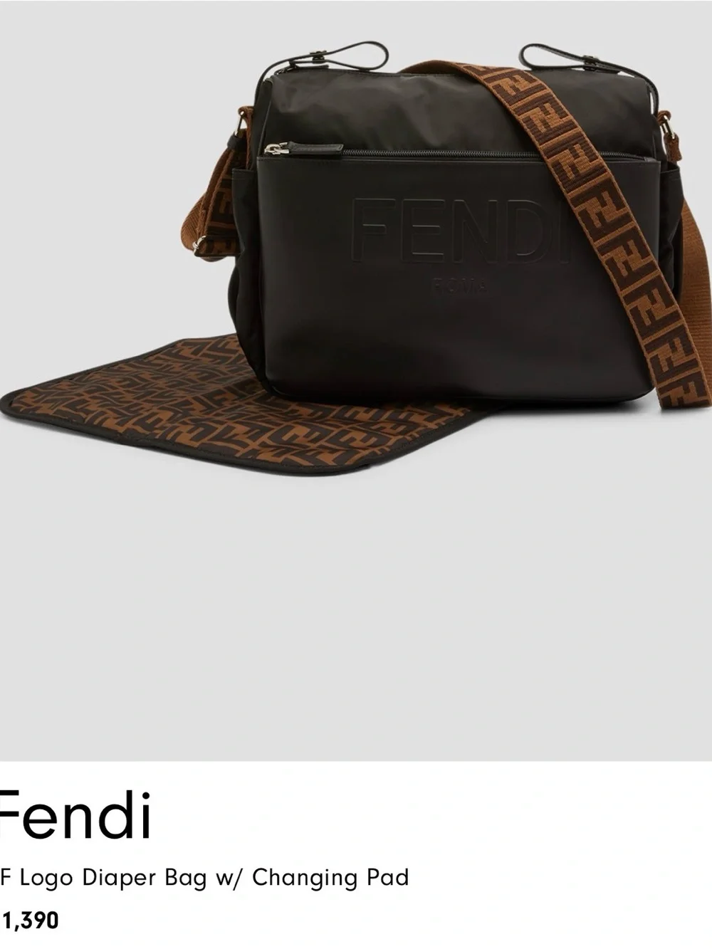 Fendi Black Leather Messenger Bag with Brown FF Jacquard Strap